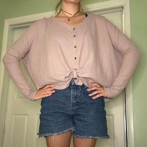 Out from Under comfortable light pink cropped cardigan, ribbed stretchy material